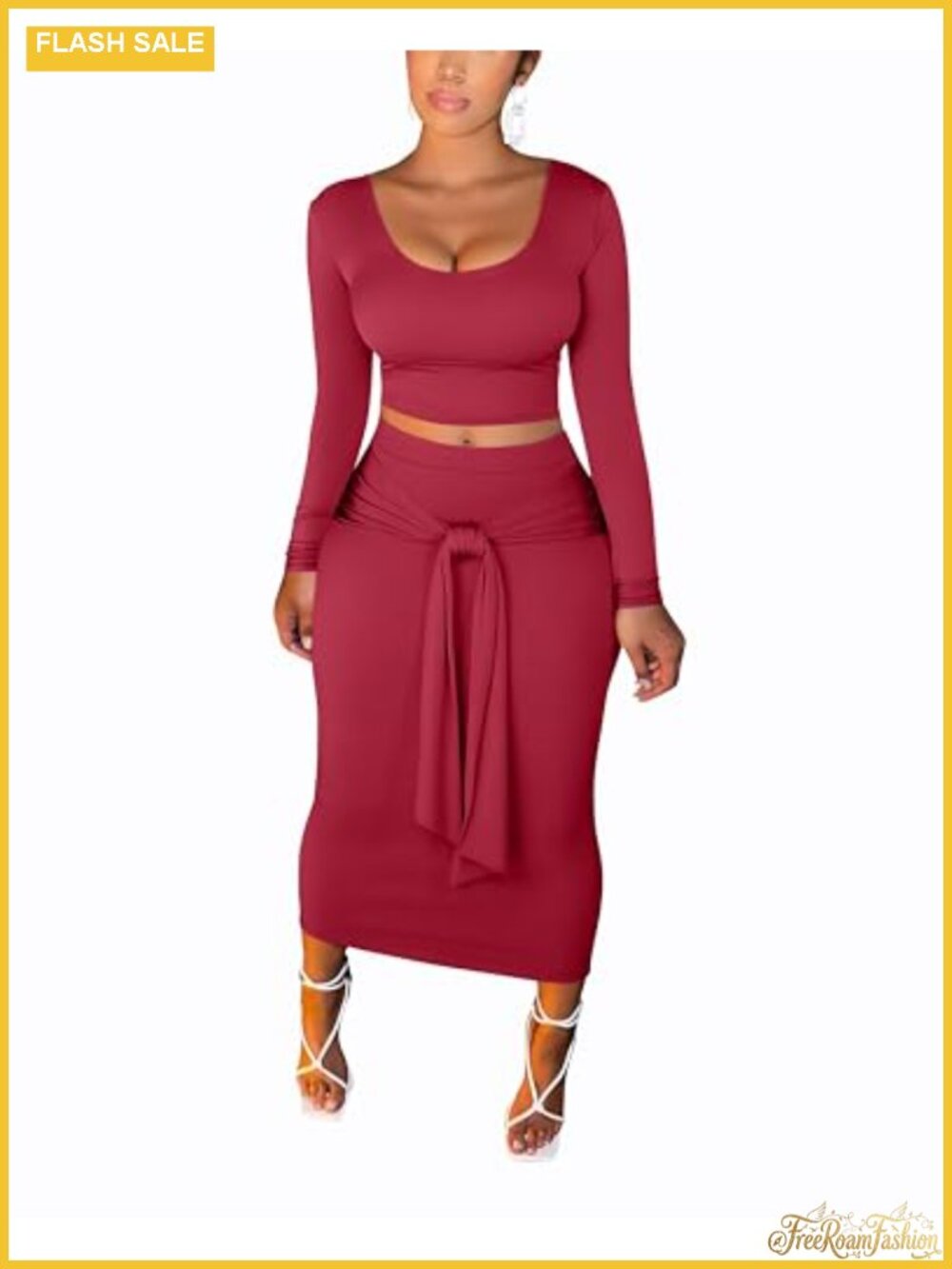 Plus Size 2 Piece Outfit Long Sleeve Top & Bodycon Midi Skirt Set Women